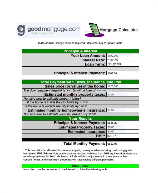 9+ Mortgage Payment Calculator Templates