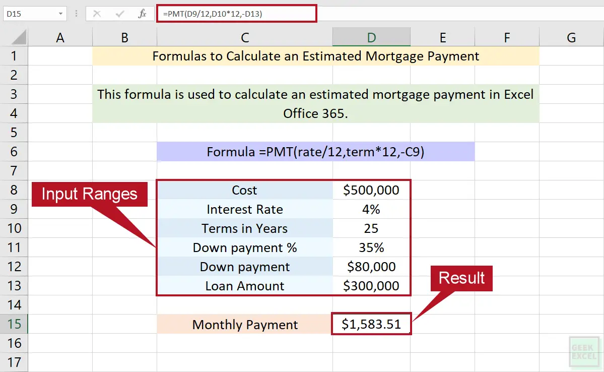 Excel Formulas to Calculate an Estimated Mortgage Payment!!  Geek ...