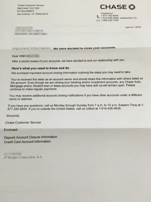 What a Chase shutdown letter looks like